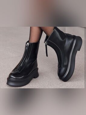 Front Zip Ankle Boots Comfortable Platform Flat Chunky Heel Booties Round Toe.